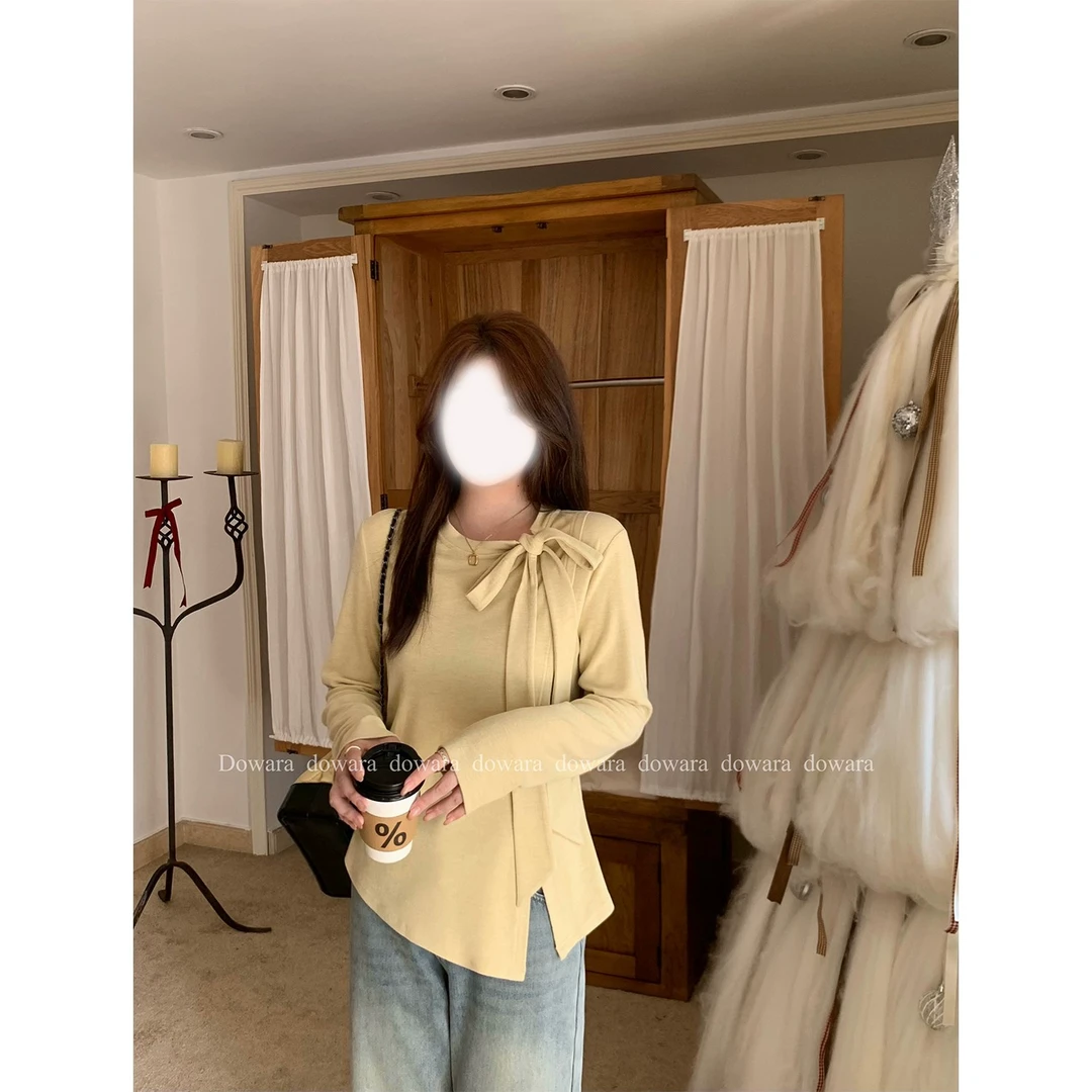 【8358】纯欲奶油黄修身打底衫女2025春季新款内搭长袖上衣小众