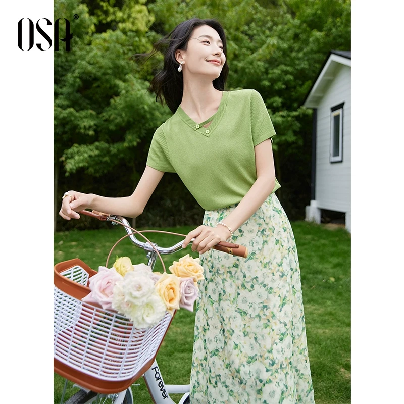 【OSA/欧莎】小森林套裙针织衫碎花半裙两件套女连衣裙S125B15003