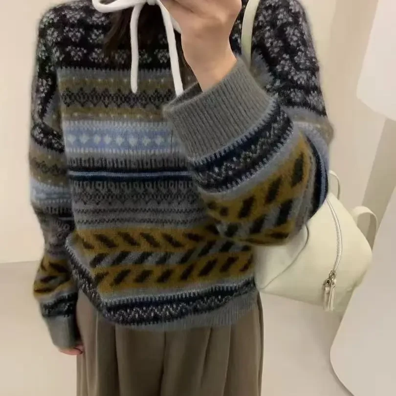 【宝儿家】特～秋冬慵懒风费尔岛圆领撞色提花针织毛衣内搭