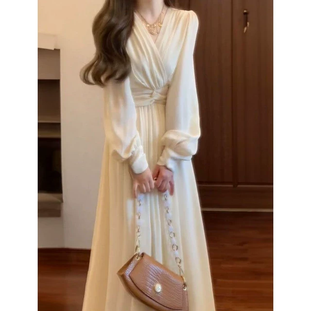 韩版学院风复古V领长袖连衣裙女学生春季高级感气质收腰显瘦长裙