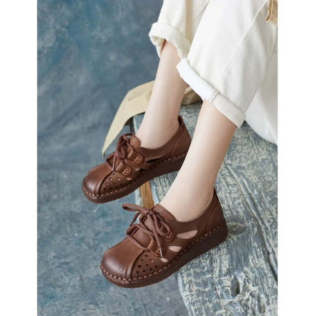 2025春夏民族风牛皮复古凉鞋中空软底罗马女鞋系带休闲镂空鞋