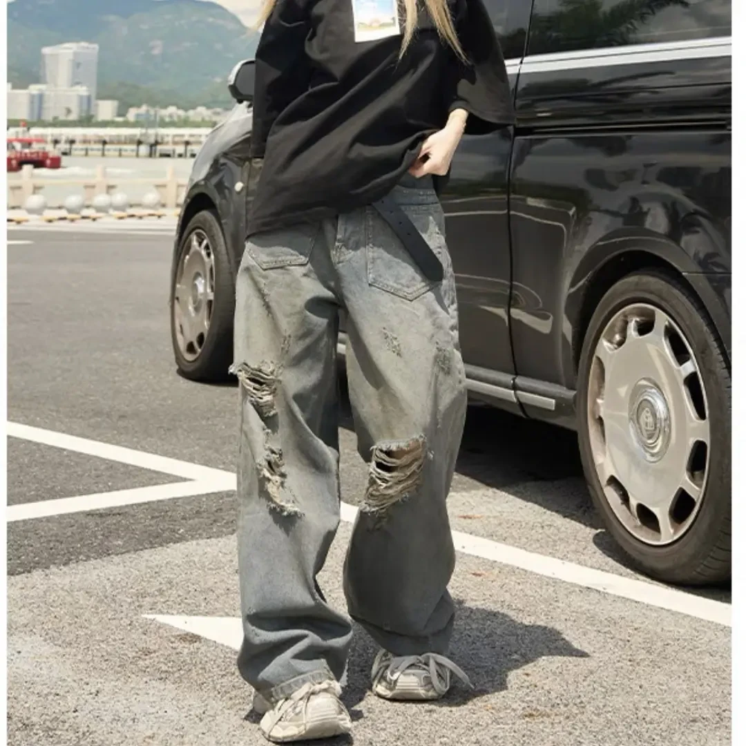 美式高街做旧破坏刀割休闲牛仔裤男女宽松阔腿裤-K2817