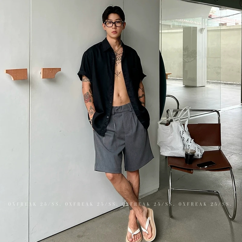 OXFREAK「天丝羊毛混纺」排扣西装短裤男直筒宽松垂感休闲五分裤