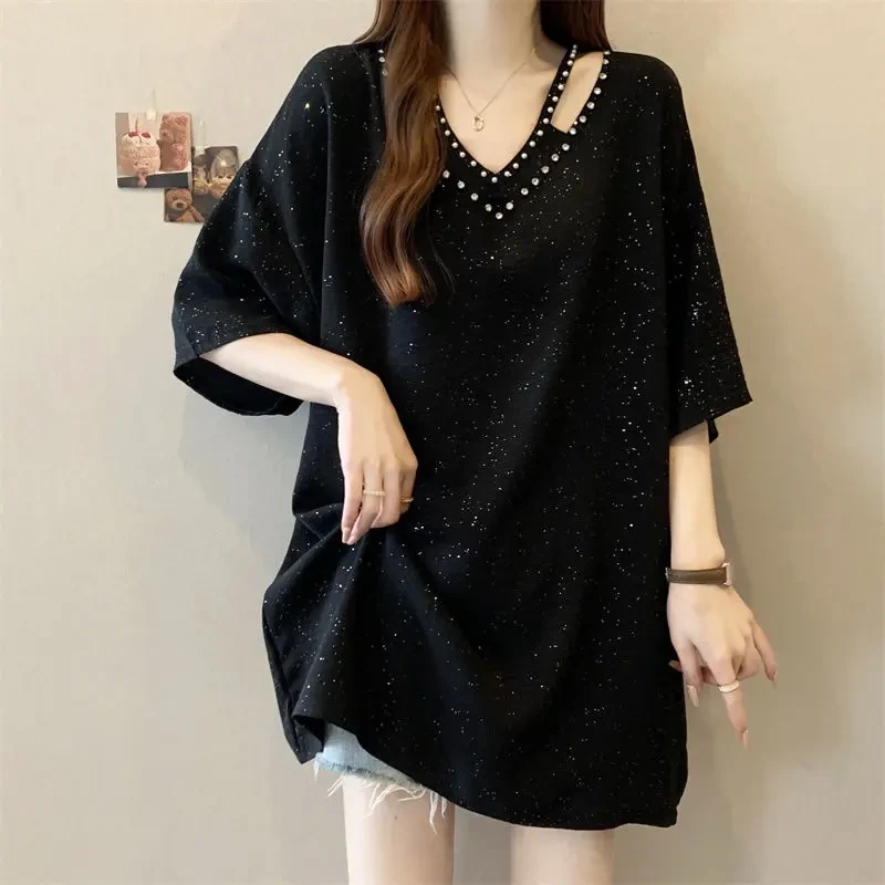 OOTD大码肌理感烫钻V领短袖T恤睡衣女2025夏季新款宽松显瘦时尚TH