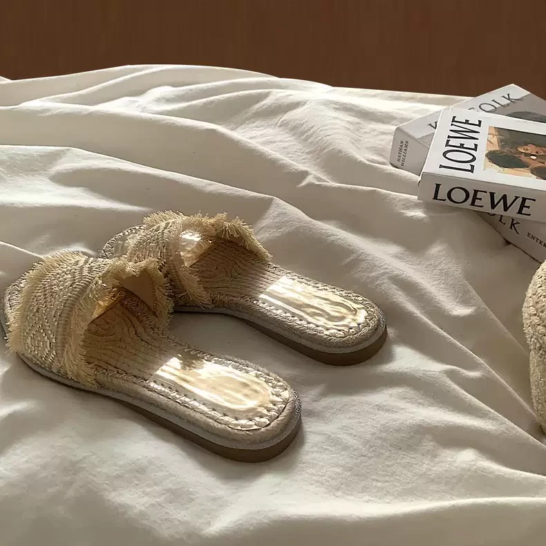 波西米亚度假风草编凉拖鞋女夏季外穿韩版ins平底渔夫鞋沙滩拖鞋