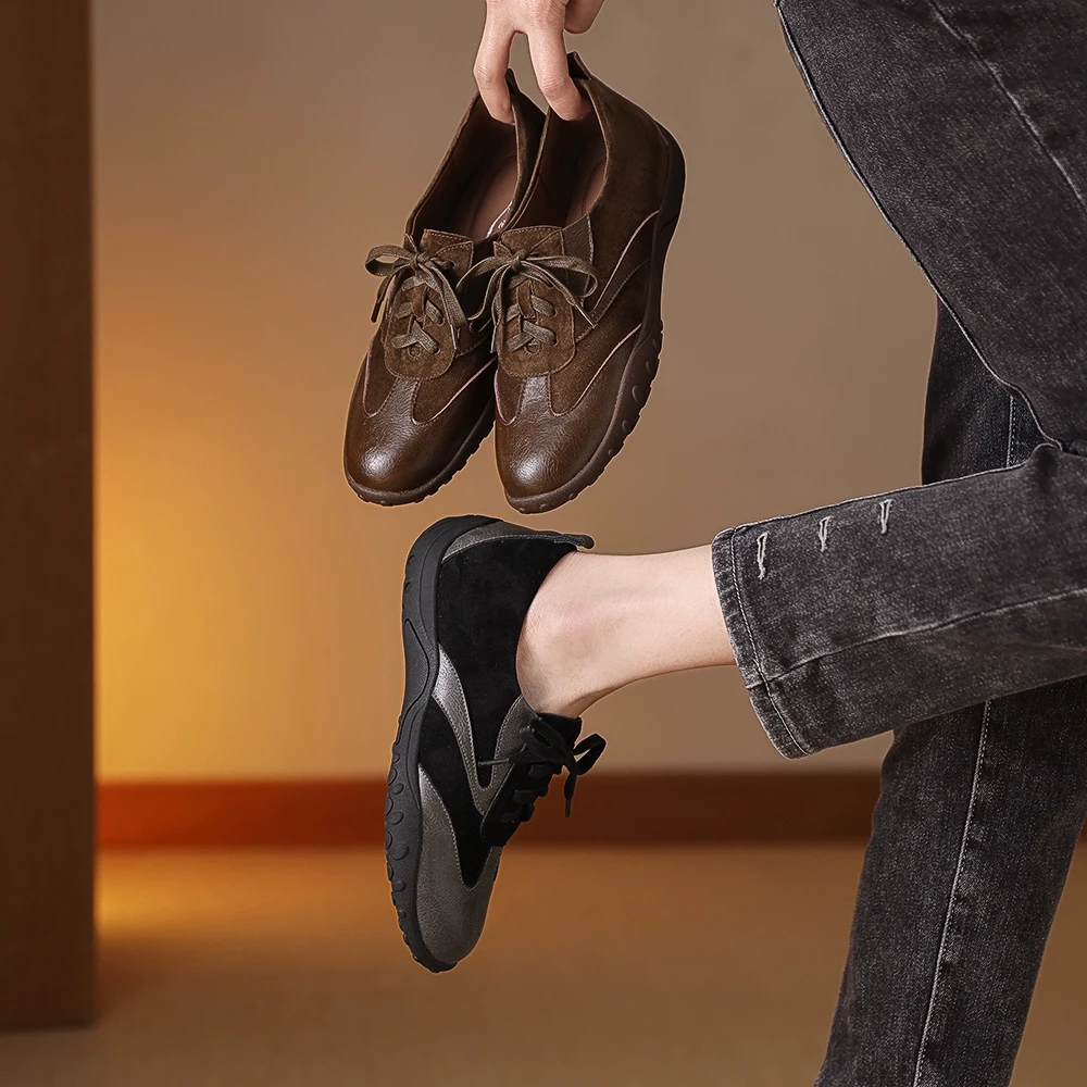 2025春季新款单鞋低跟平底德训鞋圆头系带软底运动休闲鞋1919-1