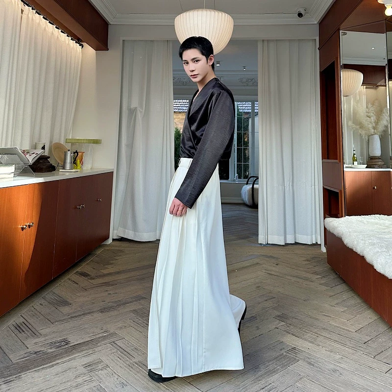 飘逸百褶裙裤中式高腰阔腿拖地长裤男女不规则武士裤双层直筒裤潮