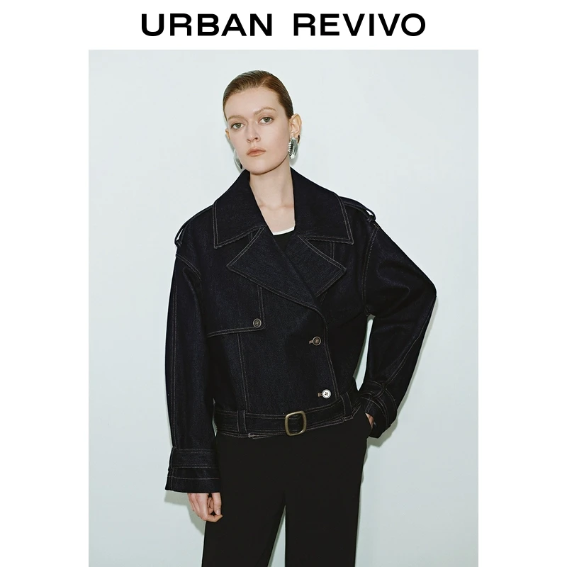 UR2025春季新款女装欧若风复古休闲水洗风衣领牛仔外套UWG850042