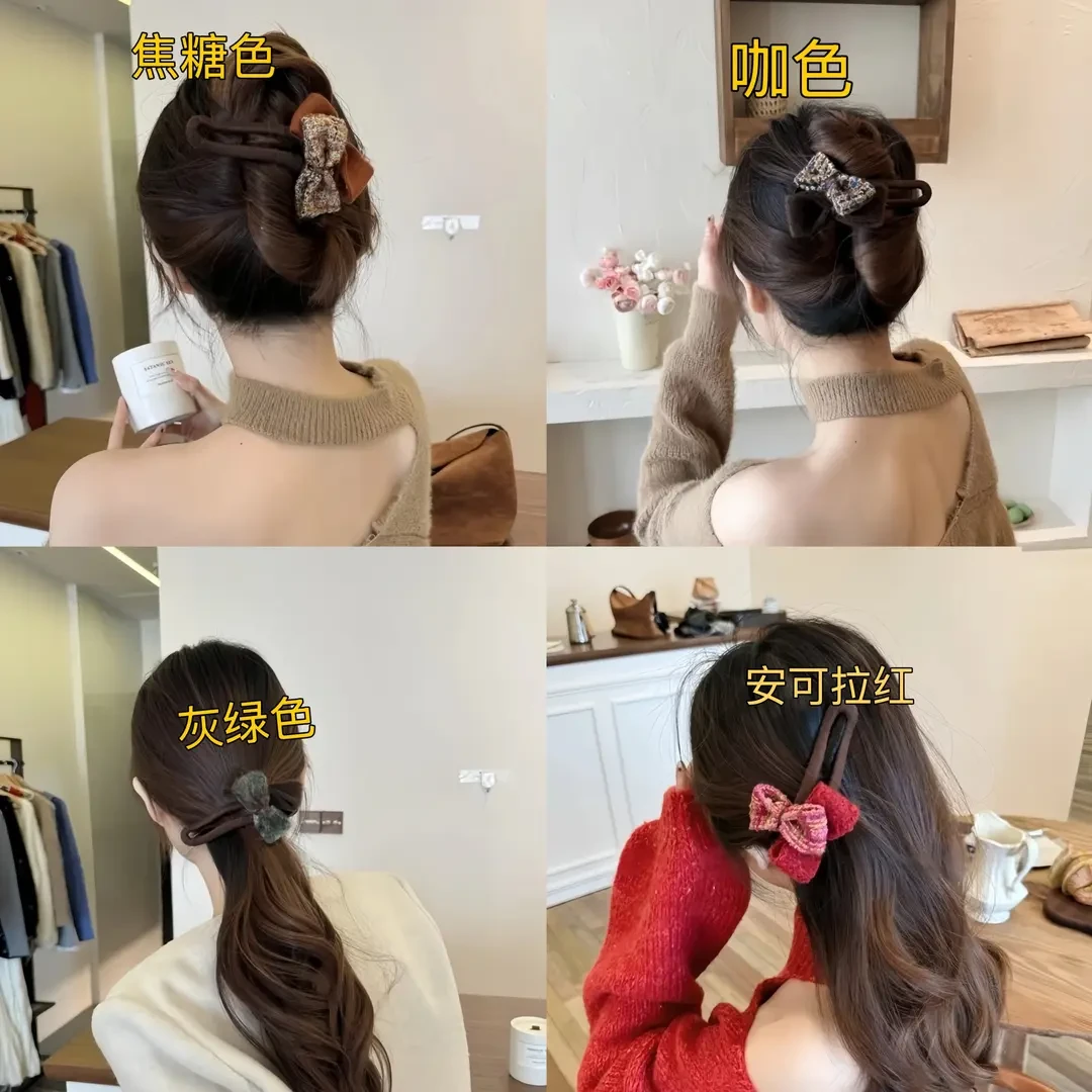 小香风蝴蝶结毛绒抓夹女气质后脑勺发夹鲨鱼夹秋冬新款高级感头饰