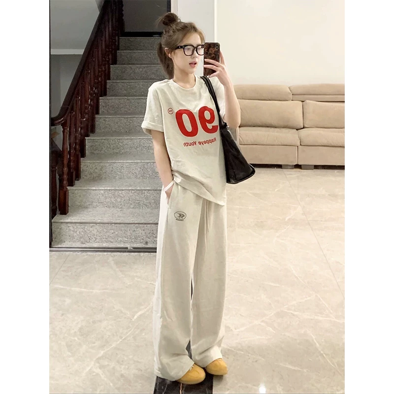 休闲运动套装女夏季新款纯棉宽松短袖T恤阔腿长裤学生美式两件套