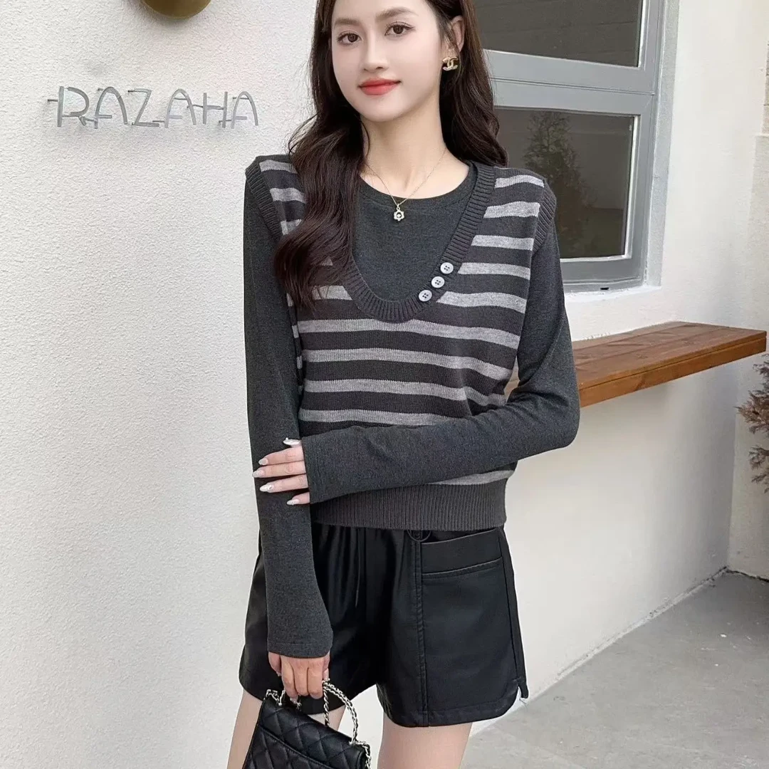 常规条纹长袖针织拼接薄款宽松型短款毛针织衫修身型