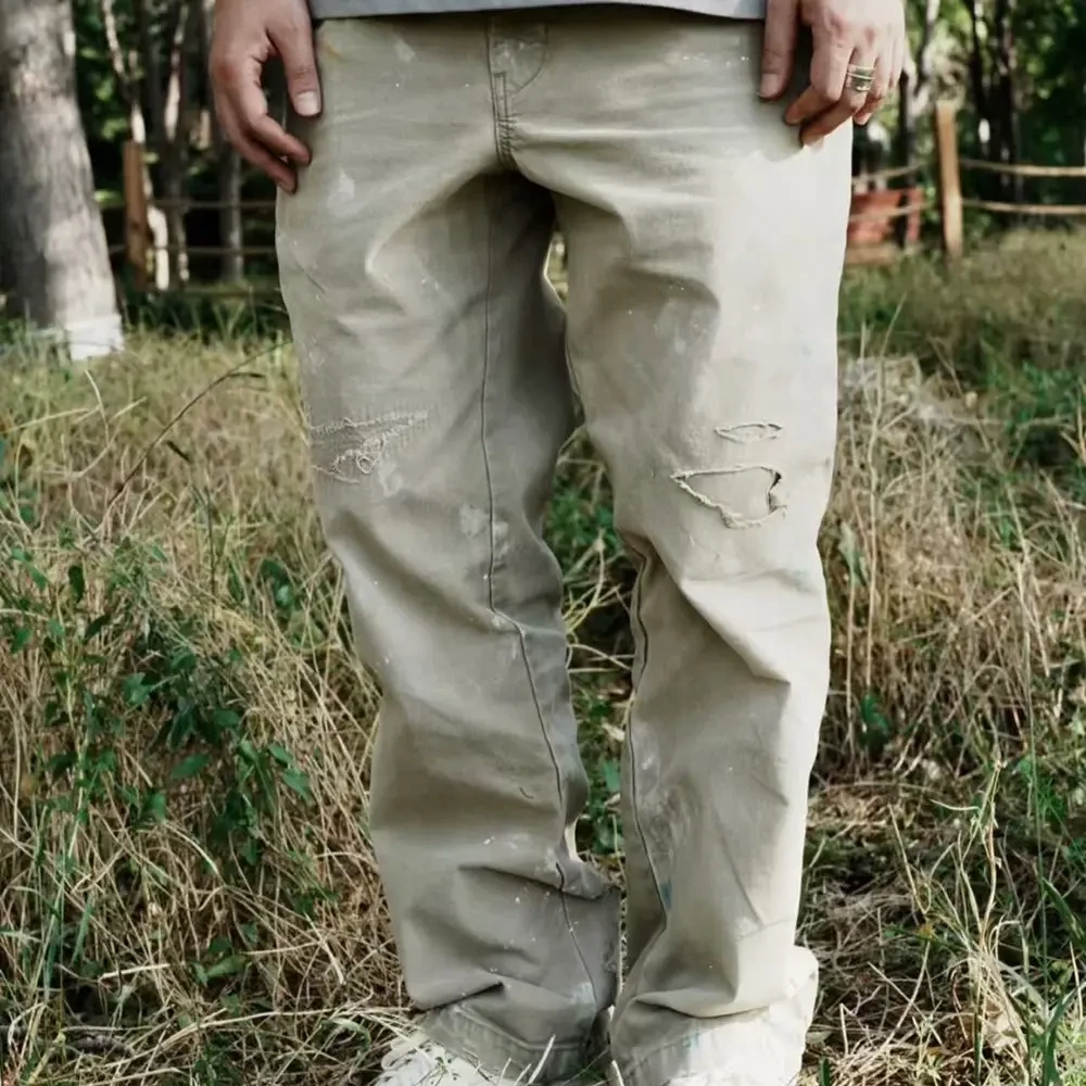 春秋直筒长裤美式休闲Chino裤复古简约水洗泼墨锥形工装裤男潮牌