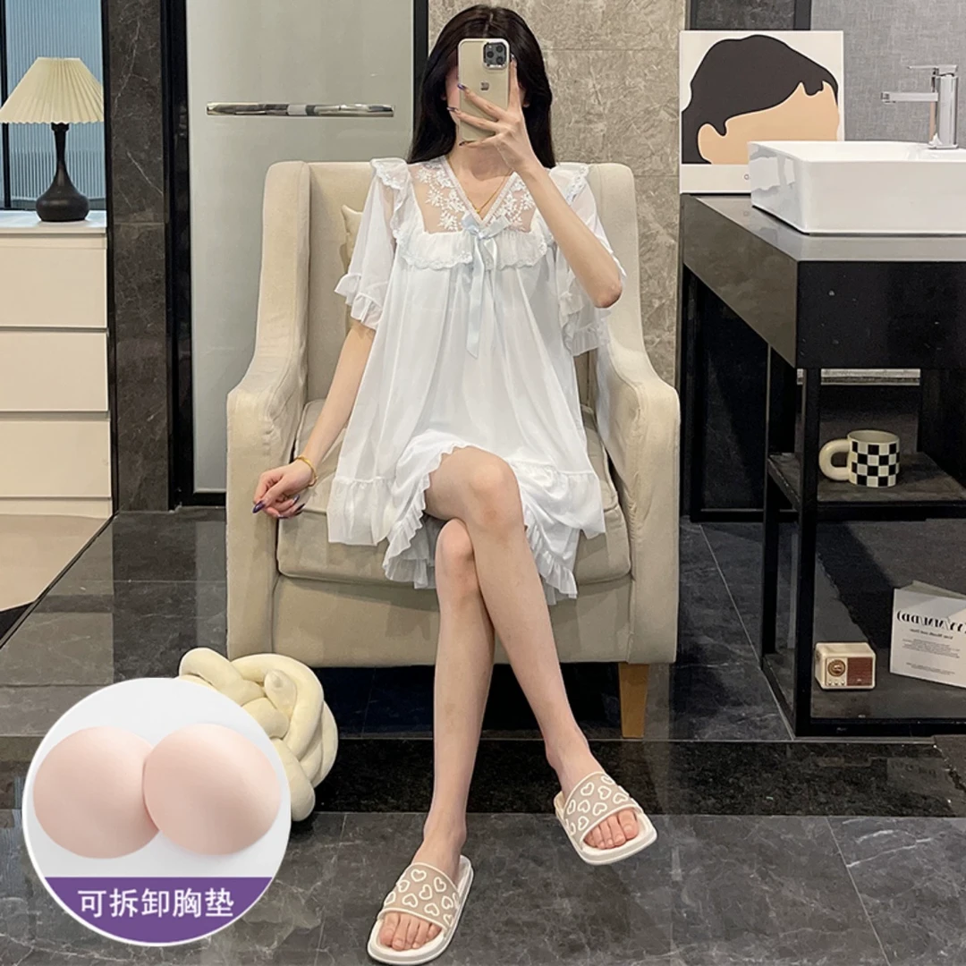 公主风睡衣女夏季网纱短袖薄款带胸垫大码两件套装蕾丝浅蓝家居服
