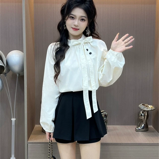 高级冬季套装女漂亮系带蝴蝶结衬衫一整套ootd穿搭新款黑色半身裙