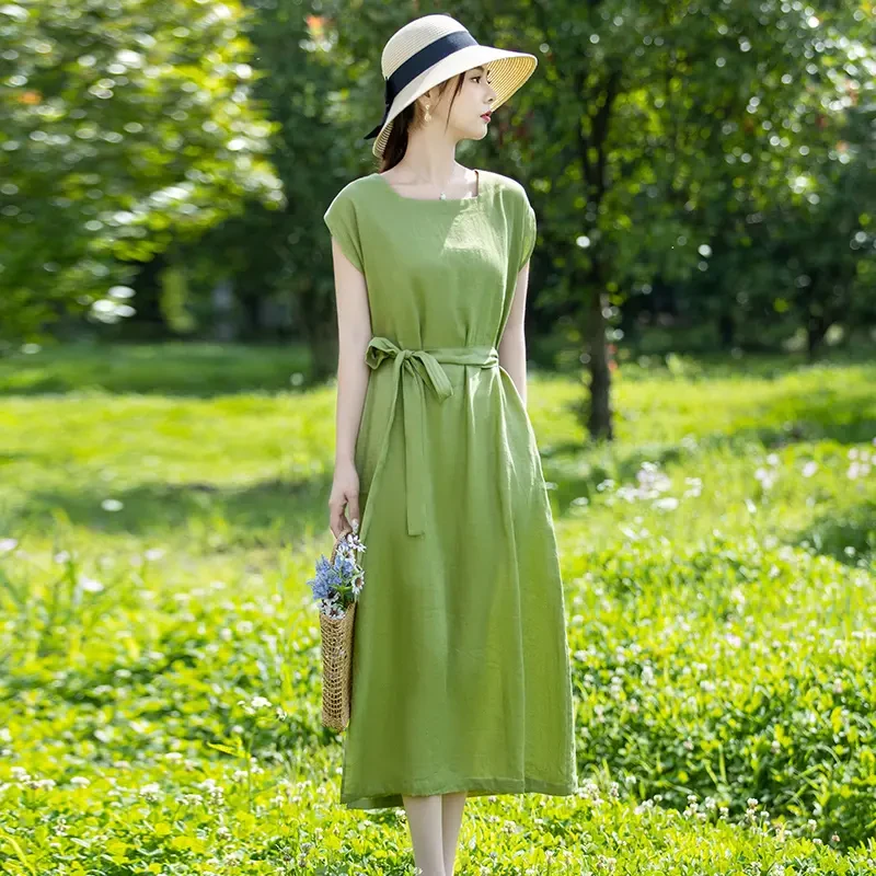 高端纯亚麻连衣裙2025新款女装收腰显瘦棉麻无袖背心裙子夏季薄款
