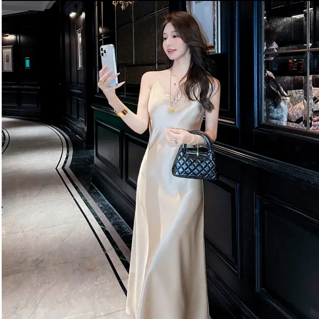 夏季法式吊带连衣裙女醋酸鎏光缎吊带鱼尾裙气质优雅修身显瘦长裙