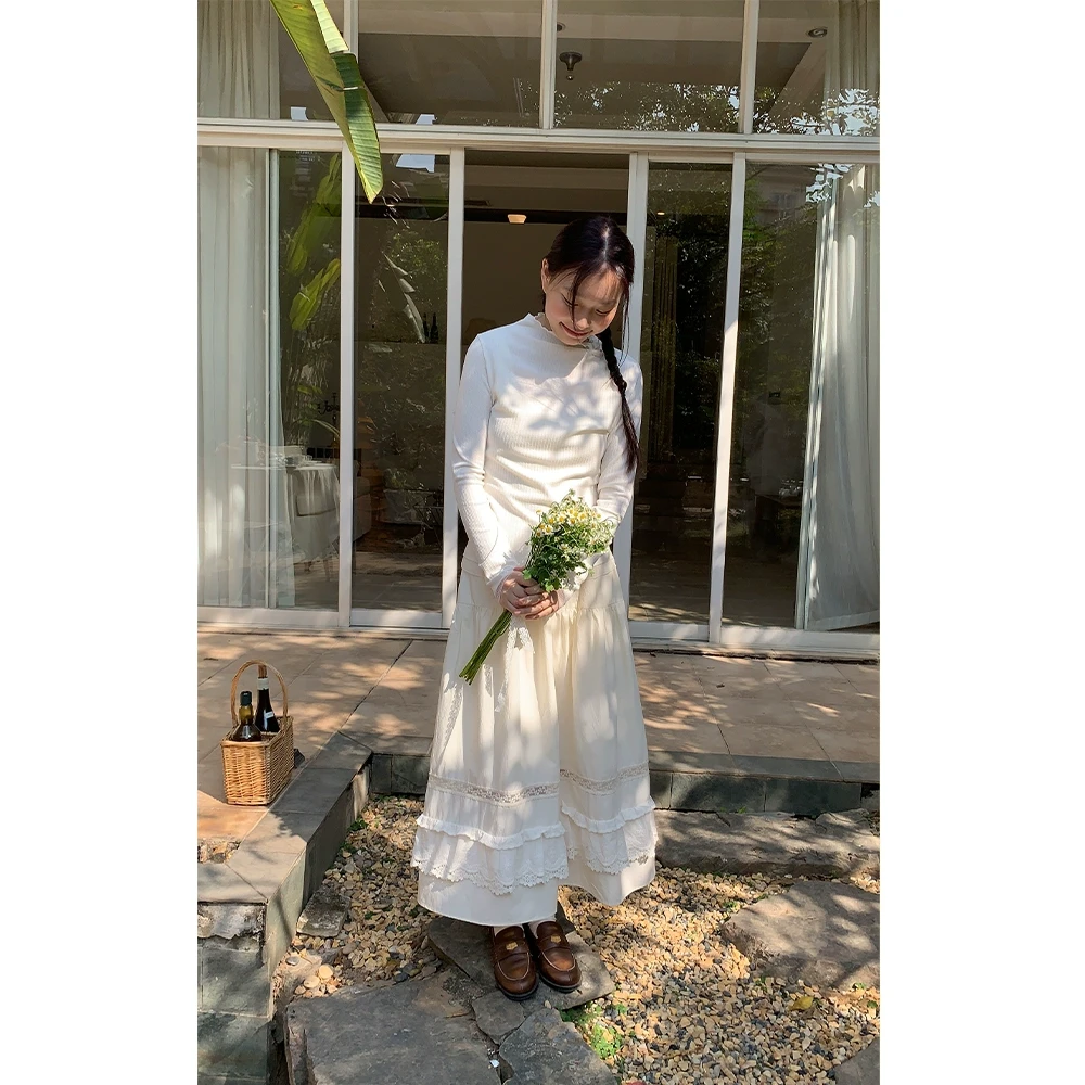 银河汽水 甜美显瘦杏色花边半身裙女长裙