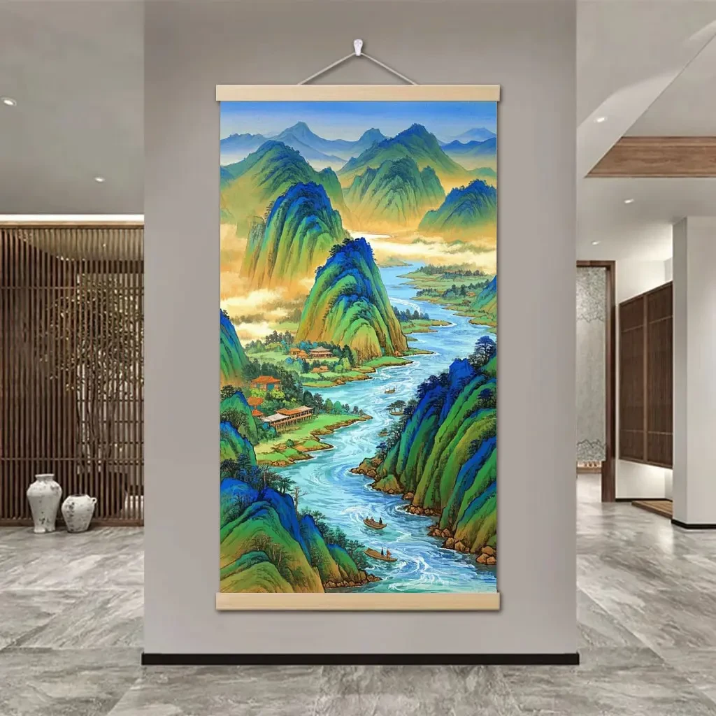 新中式千里江山图入户玄关装饰画客厅背景墙挂画实木轴招财山水画