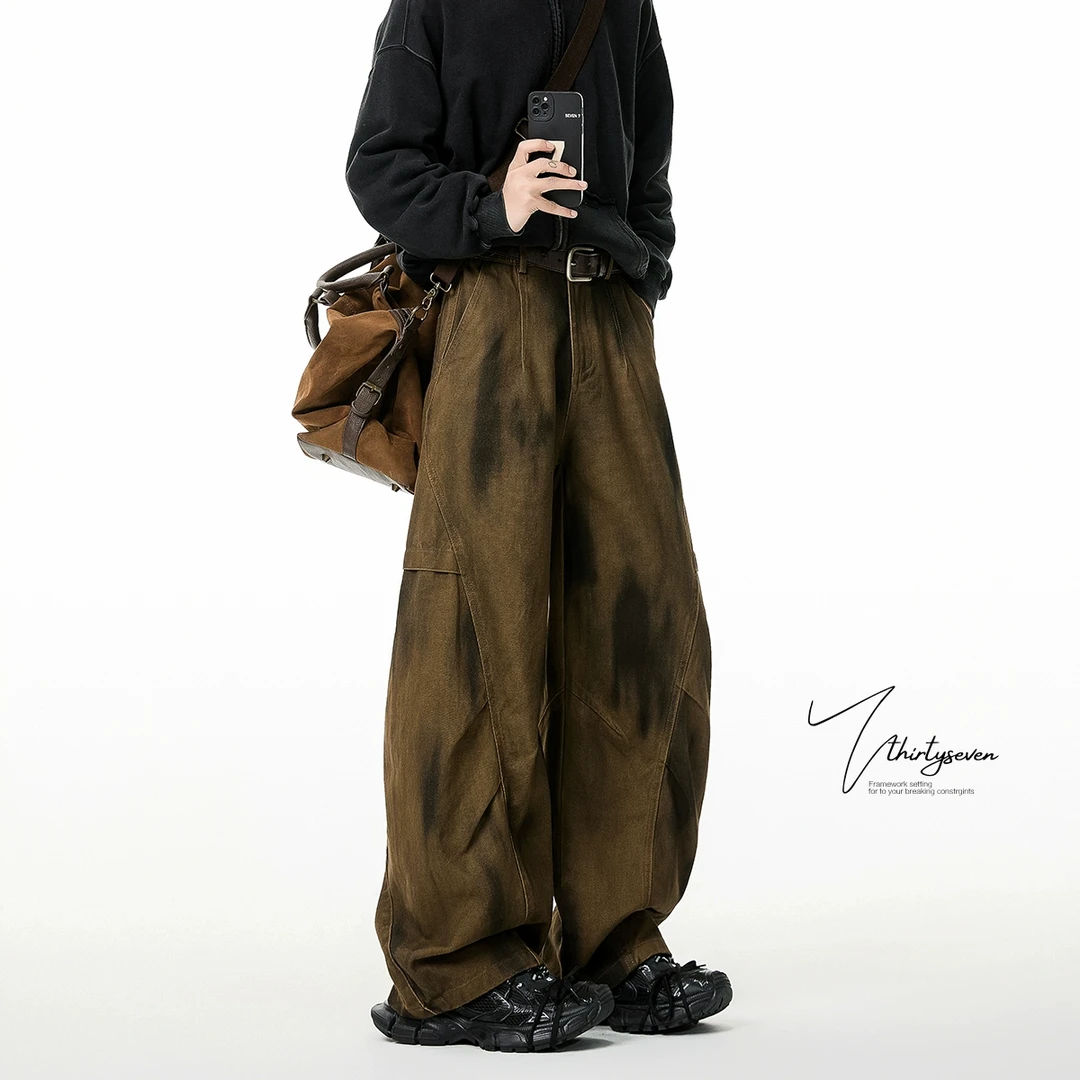 V37扎染做旧风裤子男款25春季高级感水美式vintage复古阔腿休闲裤