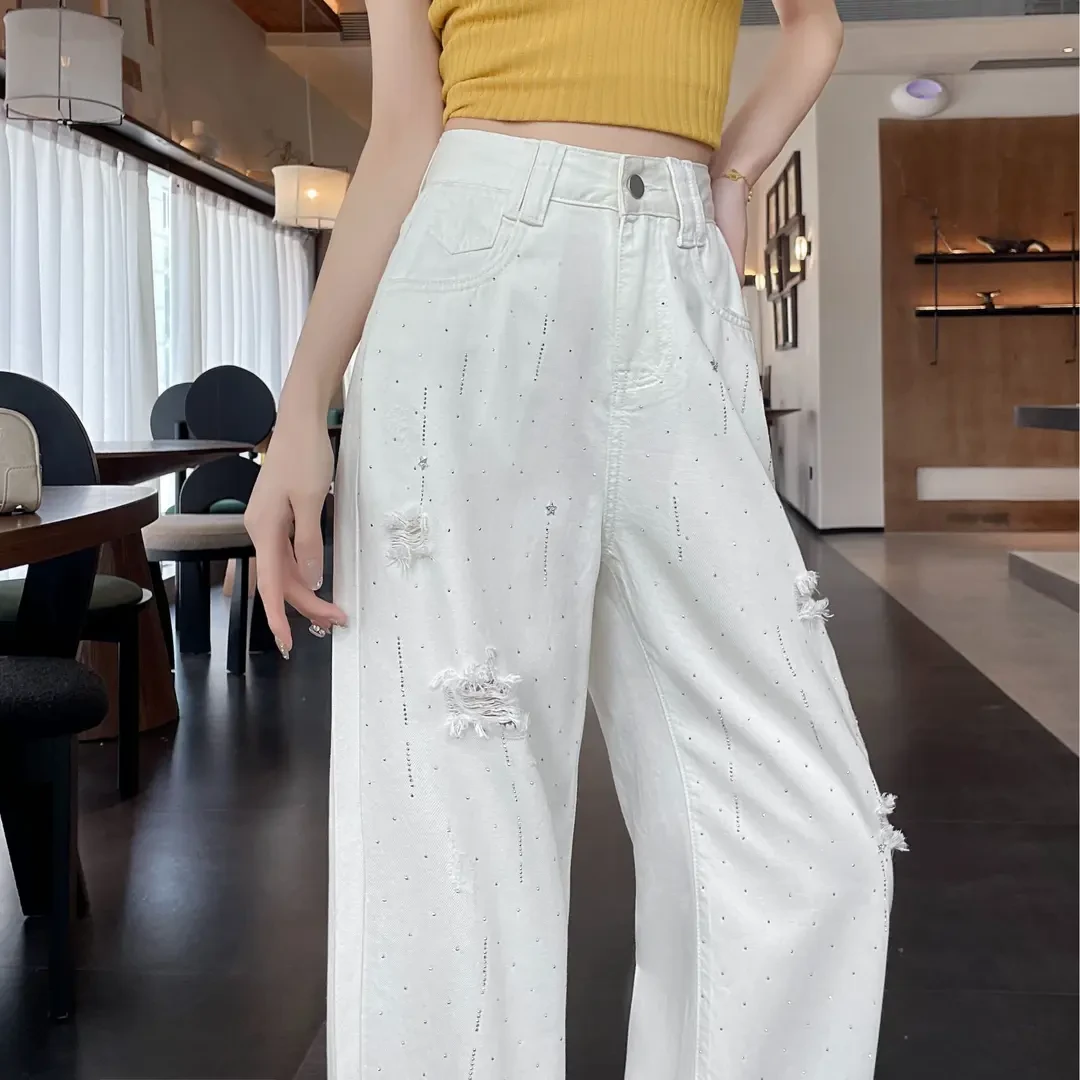 天丝破洞牛仔阔腿裤女士夏季薄款2025新款高腰时尚百搭窄版直筒裤