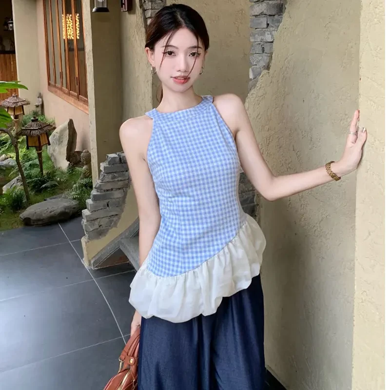 新款小众修身辣妹格子上衣设计感不规则拼接无袖吊带背心女装夏季