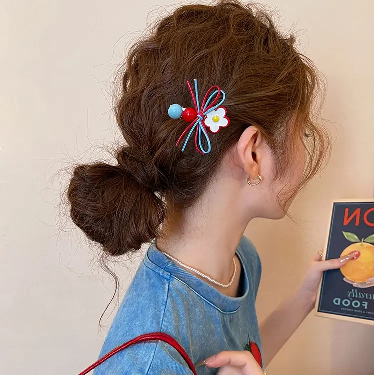 甜美红蓝花朵侧边发夹女蝴蝶结边夹前额刘海夹一字发卡鸭嘴夹发饰