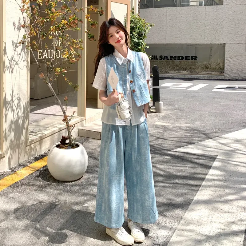 复古氛围感套装裤2025女夏新款国风刺绣扎染马甲衬衫阔腿裤三件套