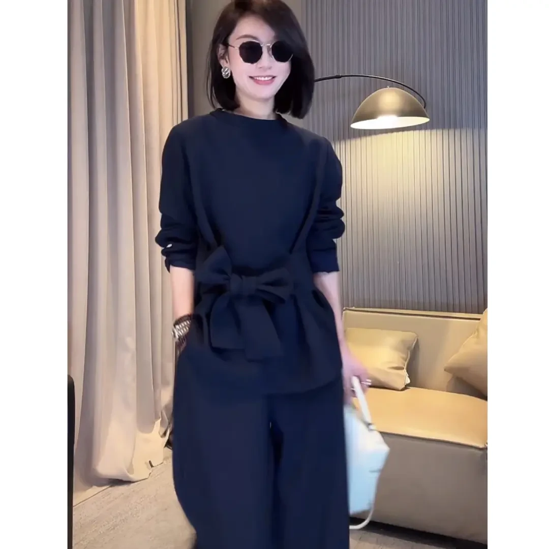 2025春季新款轻奢设计师时尚慵懒休闲系带上衣阔腿裤百搭显瘦套装