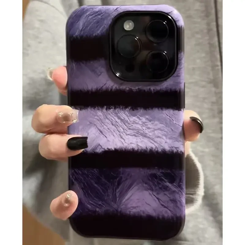 适用韩系紫色条纹苹果16ProMax手机壳iPhone15硬14二合一菲林壳13