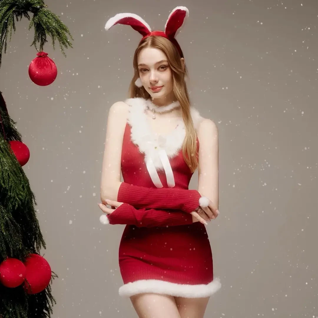 【雪夜兔】红色圣诞氛围纯欲性感收腰包臀连衣裙