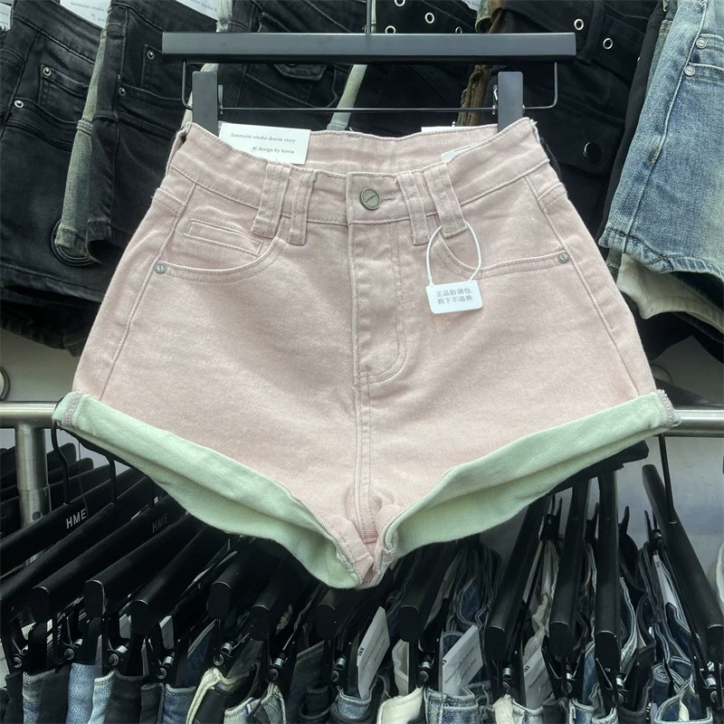 韩版2025年春夏新款撞色弹力高腰洗水粉红色牛仔短裤女卷边热裤