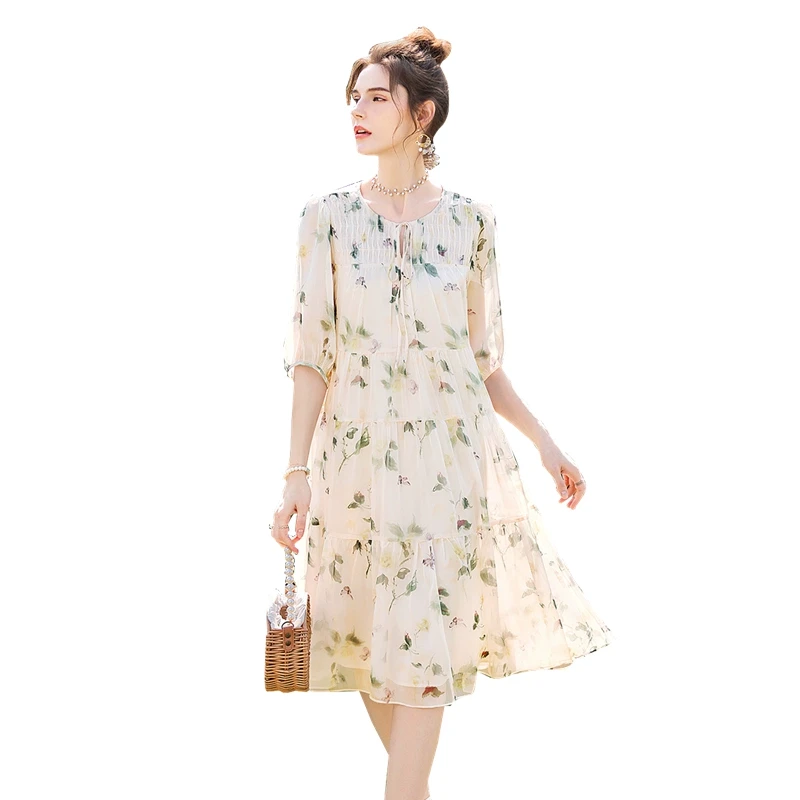 她池2025秋季欧若风女碎花宽松拼接圆领印花A字裙T51B0122LB