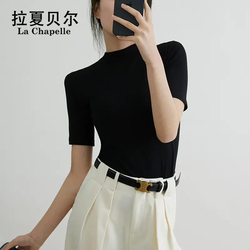 【拉夏贝尔】半高领黑色冰丝中袖T恤女夏季2024新款正肩紧身上衣