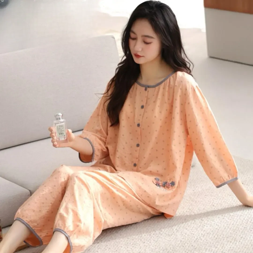 甜美休闲睡衣女春夏季新款七分袖两件套装薄款清新家居服宽松大码