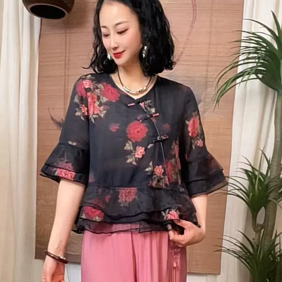 468-1新品正版高货欧根纱花边显瘦新中式百搭气质网红禅意小衫