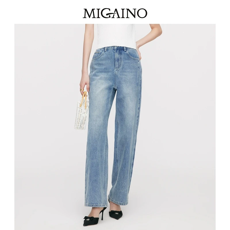 Migaino曼娅奴高腰牛仔裤夏季休闲百搭宽松版直筒裤女