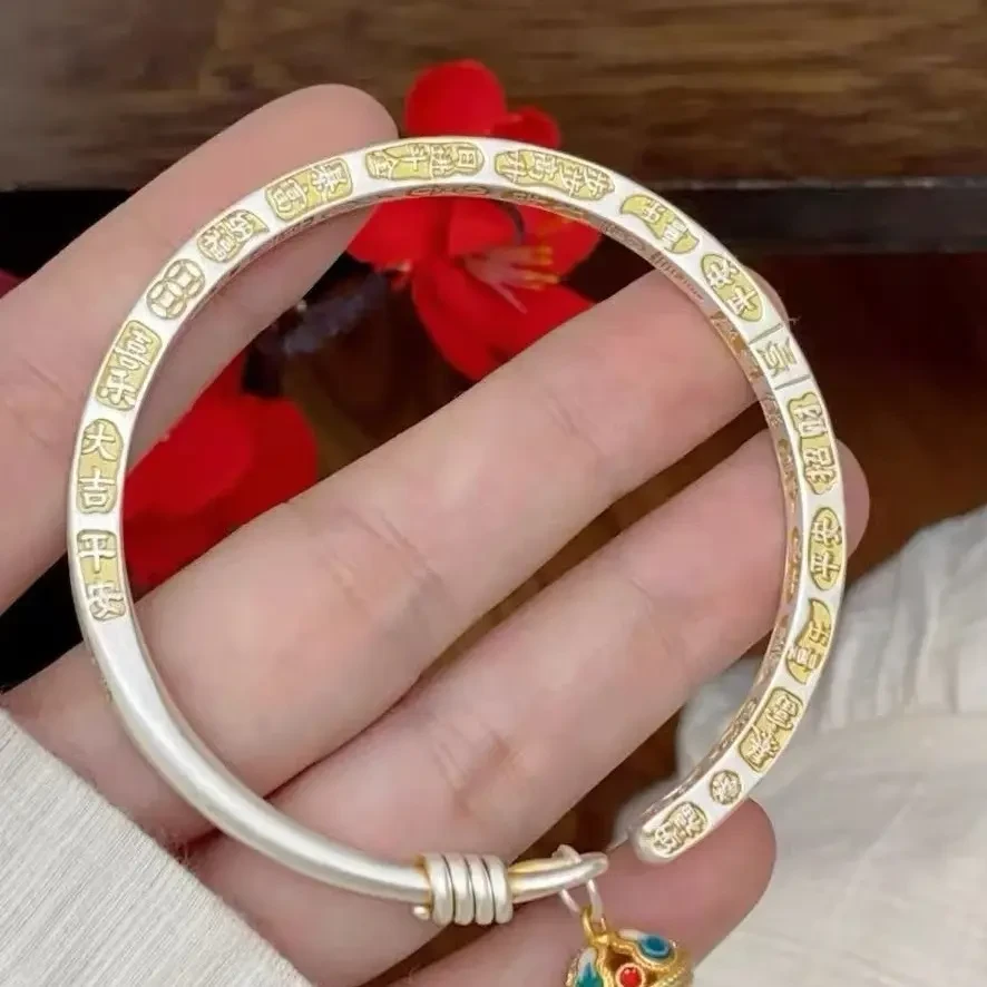 足银珐琅手镯  复古珐琅宫铃吉言描金浮雕国风百搭气质银镯子首饰