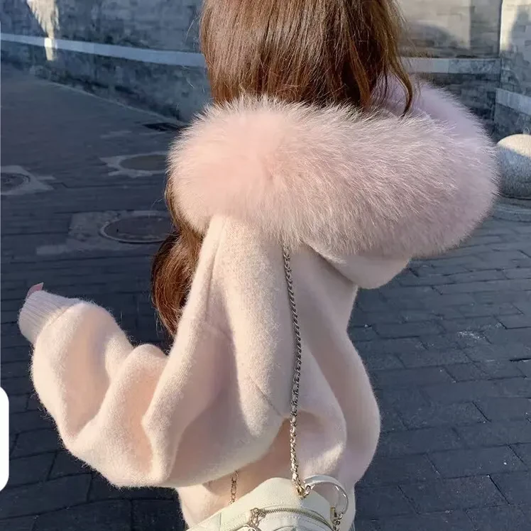 【暖绒云境】大毛领连帽毛衣开衫外套女秋冬新款设计感针织衫上衣