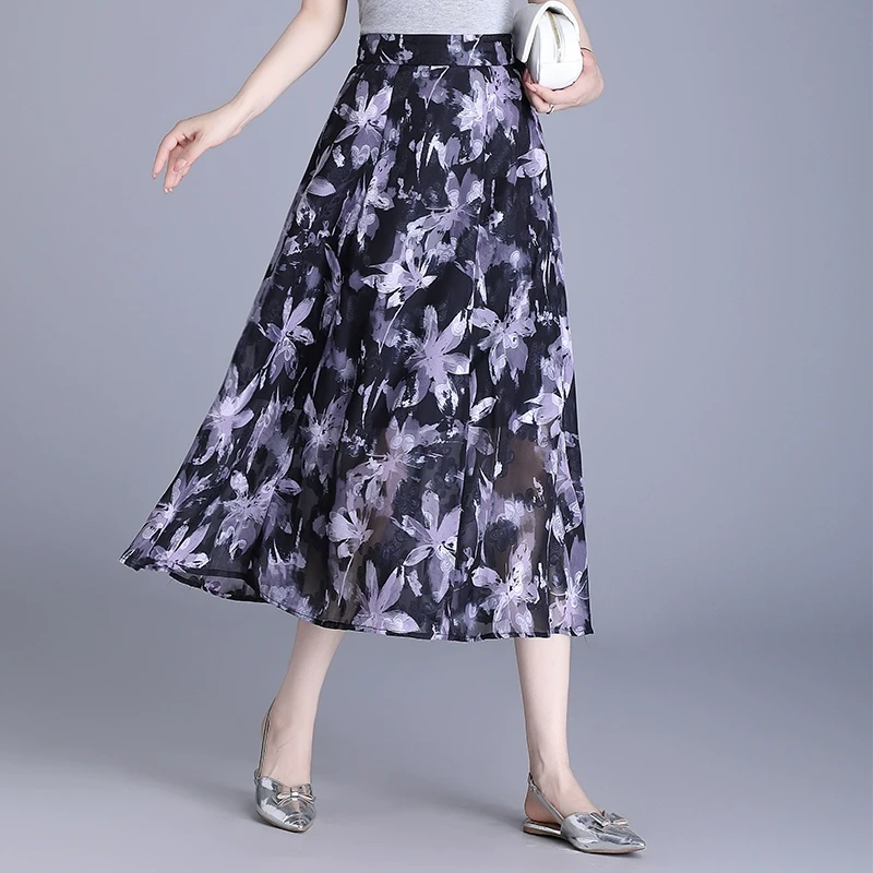 印花雪纺半身裙女2025夏季新款飘逸中长款高腰显瘦a字裙子大摆裙