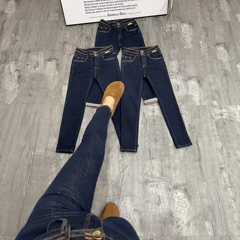 秋季新款小直筒小脚牛仔裤女大码高腰显瘦修身小个子九分铅笔裤子