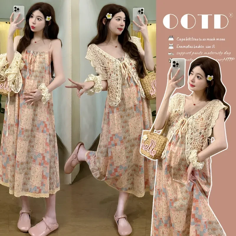 夏季潮流孕妇装时尚复古洋气减龄精致碎花两穿连衣裙蝴蝶开衫夏装