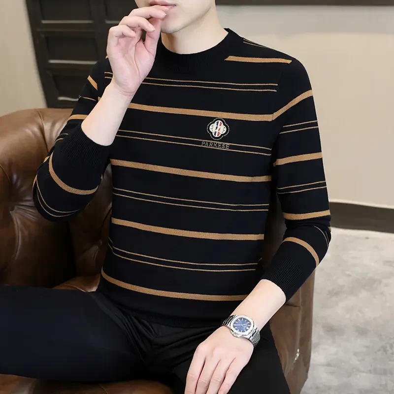 2025秋冬新款男士针织衫条纹套头卫衣韩版潮流修身内搭打底衫-x