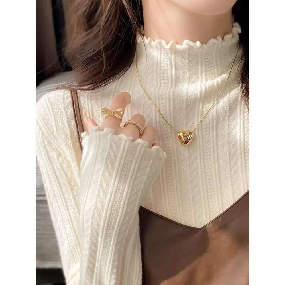 白色半高领毛衣打底衫女新款早秋穿搭木耳边长袖t恤针织上衣春冬