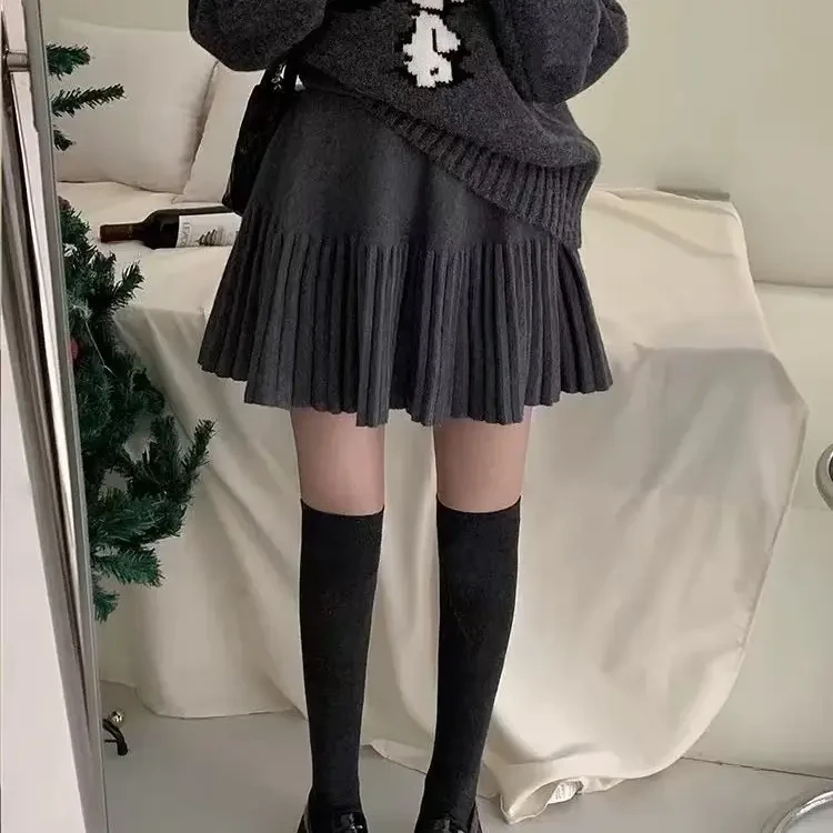 针织百褶！韩系高腰显瘦a字裙女秋冬小个子女装百搭半身裙