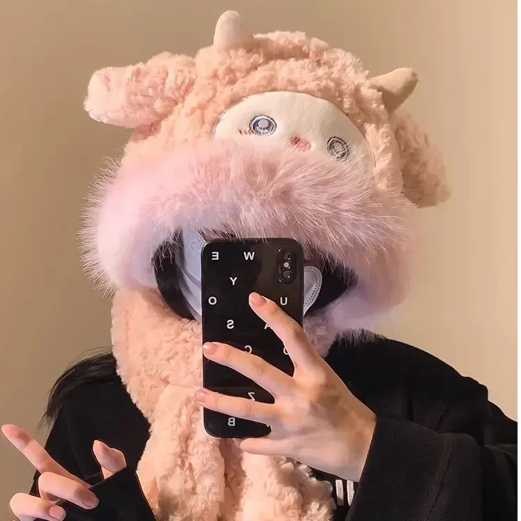 小绵羊帽毛绒帽子女童冬季新款防寒保暖围巾一体款护耳帽t