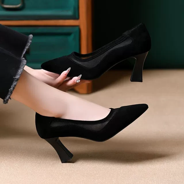 网纱高跟鞋女细跟透气夏季镂空性感黑色尖头设计感小众单鞋女鞋子