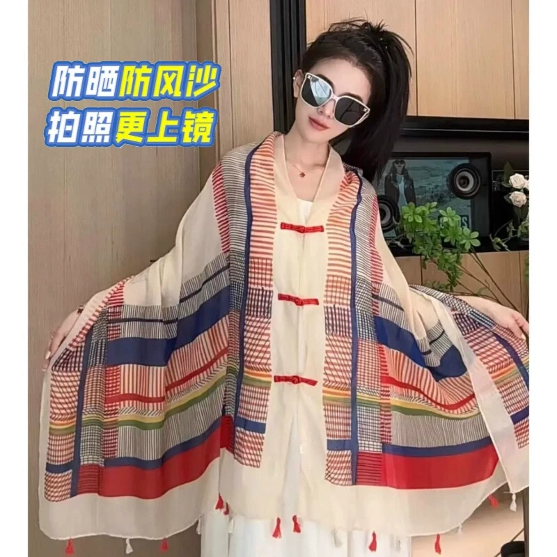 夏季民族风新款大方百搭气质棉麻盘扣防晒薄款旅游沙滩防风披肩gh