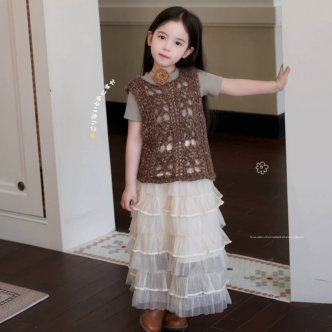 AnnieGirl夏季新款女童定染钩花马甲森系绝美梦幻网纱裙套装2025