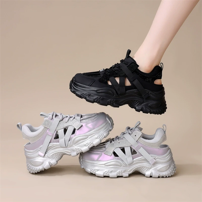 炫彩厚底老爹鞋女2025新款夏季女士透气小个子增高镂空软底休闲鞋