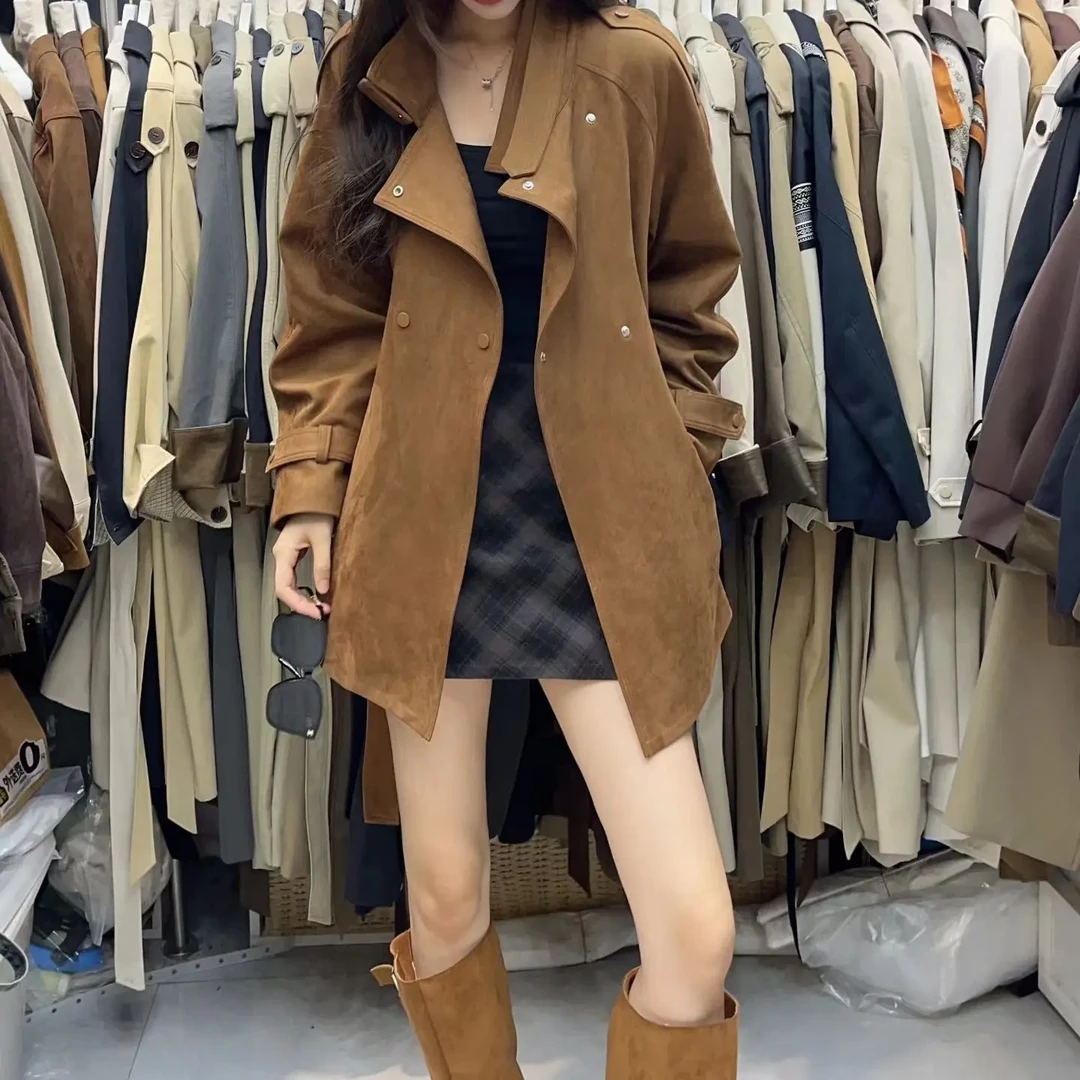 复古机车风中长款女装外套秋冬款鹿皮绒外套